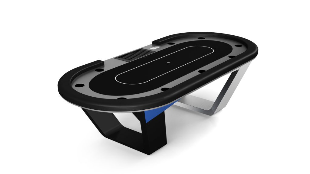 The Avettore Oval Poker Table features a sleek black design with a padded edge, card slots, and drink holders on V-shaped legs. A minimalist white rectangle in the center adds style and functionality for poker enthusiasts.