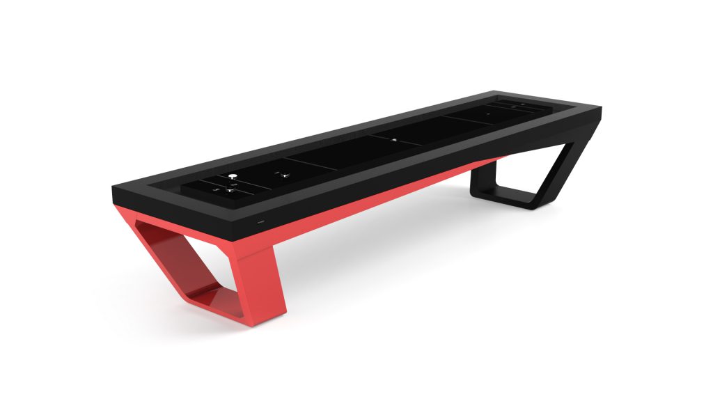 A sleek, modern rectangular ping pong table with a luxurious design like the Avettore Shuffleboard Table, featuring a black top and angular geometric frame with red legs.