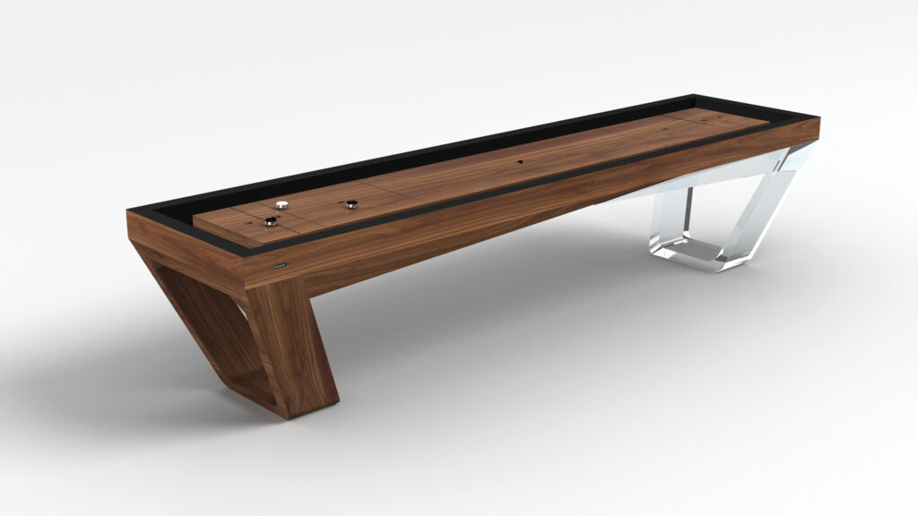 The Avettore Shuffleboard Table showcases a modern wooden playing surface, black border, and sleek angled legs—one wood, one transparent—set against a plain white background.