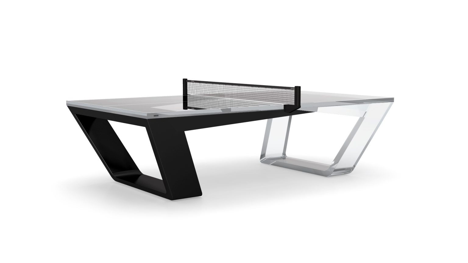 Discover the Avettore Ping Pong Table, a sleek modern masterpiece featuring a clear glass surface and black net. Its unique design includes an angled black support on one side and transparent on the other, epitomizing stylish minimalism.
