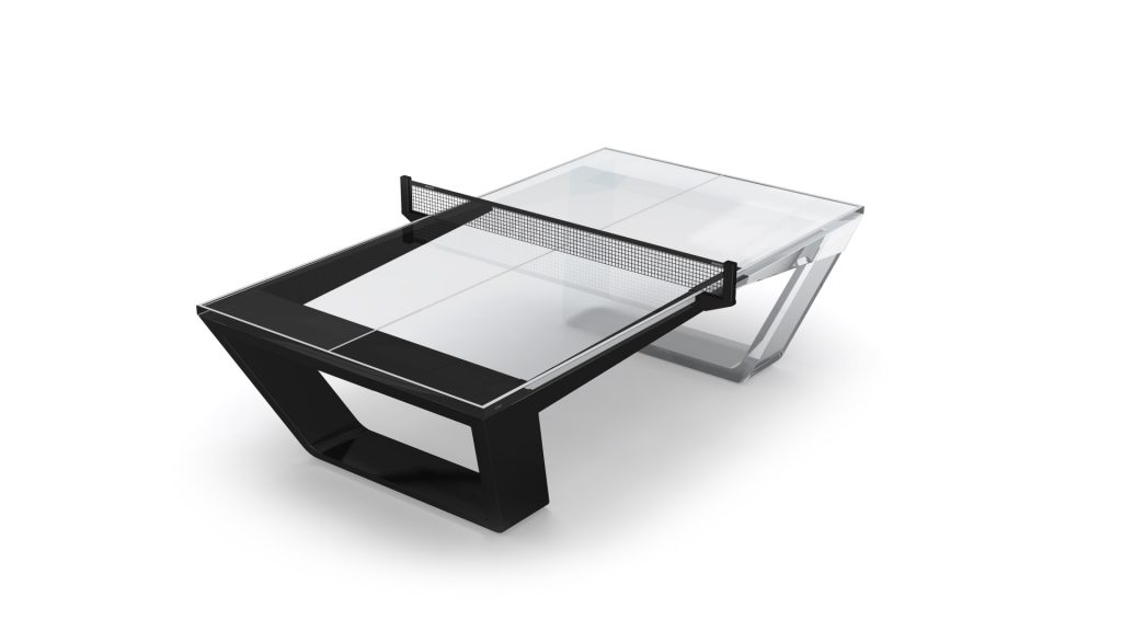 Introducing the Avettore Ping Pong Table: a modern marvel with a sleek black and transparent design, glass surface, minimalist net, and striking geometric legs.