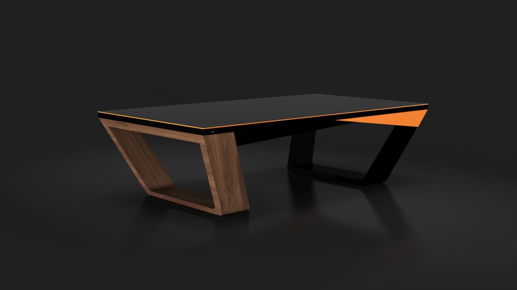 The Avettore Convertible Pool/Dining/Ping Pong Table boasts a modern, angular design with a glossy black top and vivid orange stripe. It features a wooden geometric leg on one side and a black angled support on the other, set against a dark background for added luxury.