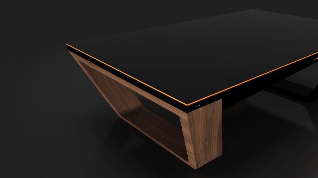 Introducing the Avettore Convertible Pool / Dining / Ping Pong Table, a luxury design that seamlessly transforms functions. It boasts a black tabletop with an orange accent line and a wood base, creating an elegant geometric silhouette against a dark gray background.