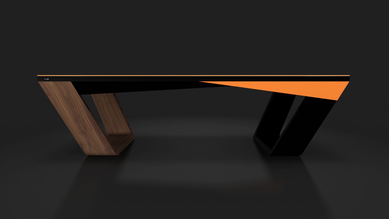 The Avettore Convertible Pool/Dining/Ping Pong Table combines modernity and versatility with its geometric design, featuring a wooden frame on one side and an angular black frame on the other. Its glossy surface with an orange accent contrasts sharply against a dark background.
