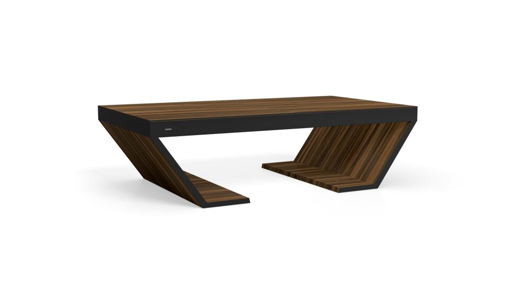 The Cabaret Convertible Pool/Dining/Ping Pong Table features a modern wooden design with sleek, angular legs and a flat top. Its unique V-shaped style offers a luxurious, contemporary cabaret vibe, and the rich dark finish conceals its convertible function for diverse dining experiences.