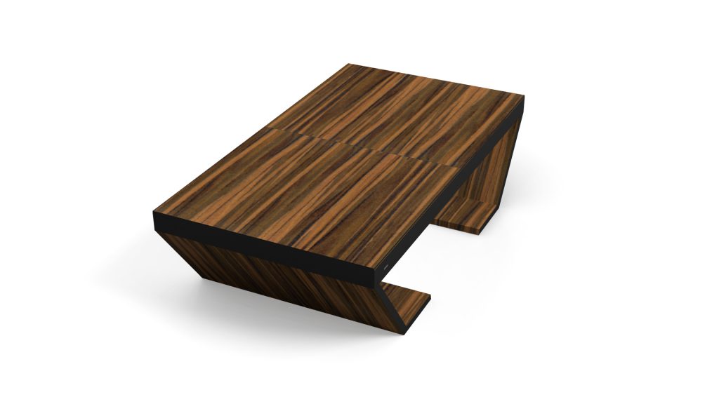 The sleek Cabaret Convertible Pool/Dining/Ping Pong Table is a modern L-shaped wooden piece with a striped grain pattern that exudes luxury, transitioning effortlessly from dining to cabaret-style ping pong, set against a plain white background.