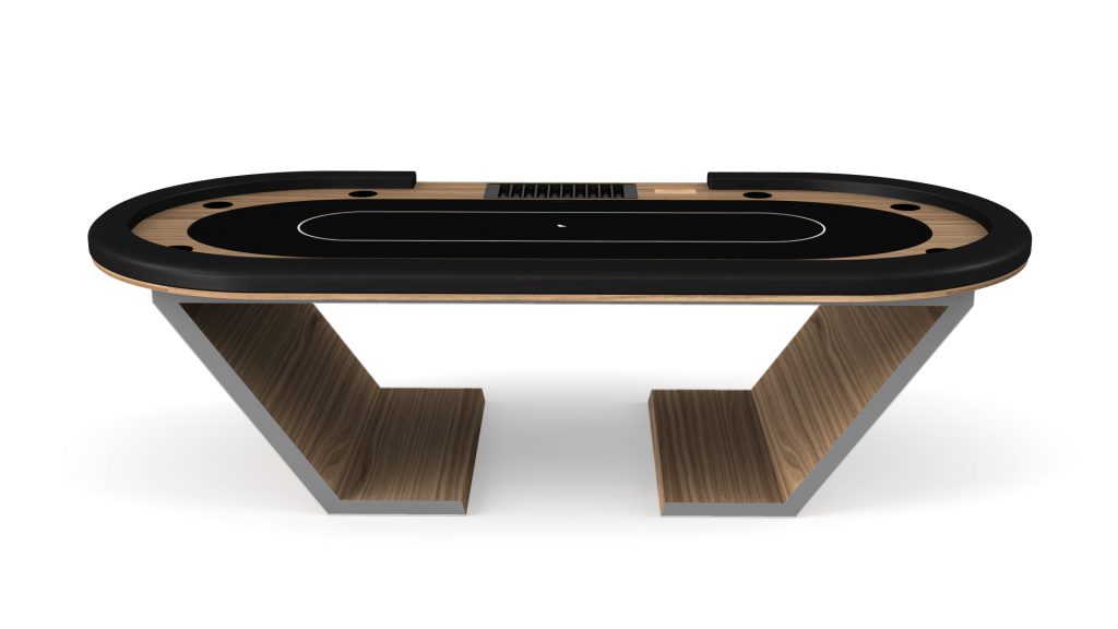 Introducing the Cabaret Oval Poker Table, featuring sophisticated wooden accents and a black playing surface. This masterpiece includes two angular wooden legs and a handy dealer tray, ideal for elegant gaming nights.