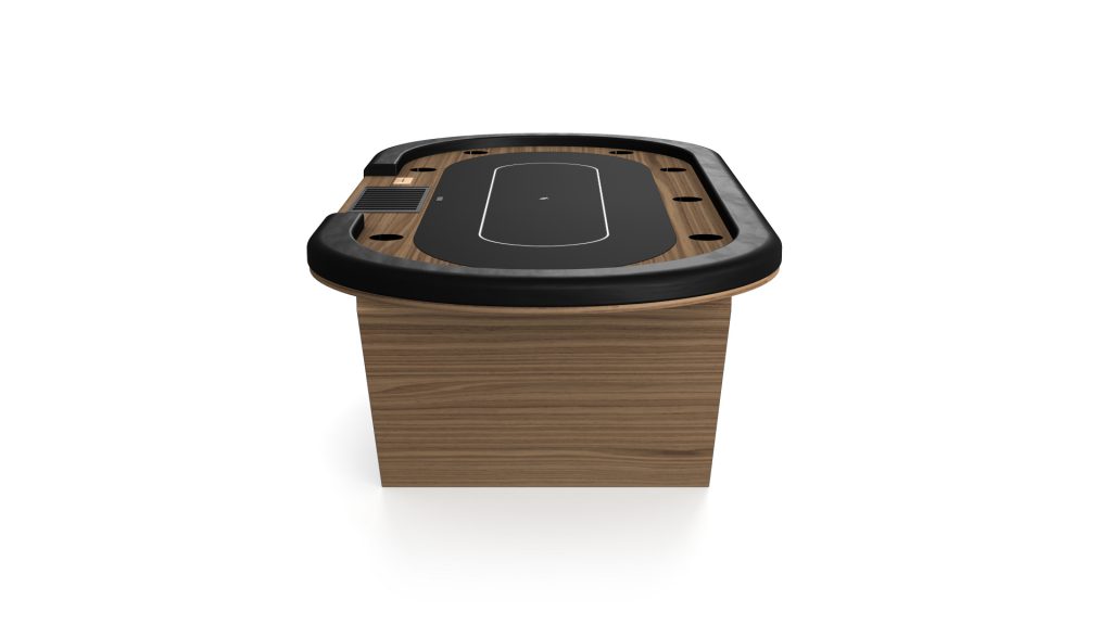 The Cabaret Oval Poker Table boasts a luxurious cabaret-style design with an exquisite black felt surface and convenient cup holders around its oval edge, set elegantly against a plain white background.