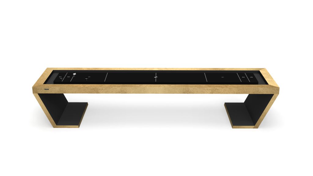 The Cabaret Shuffleboard Table boasts a luxury, modern design with a long rectangular frame. Its black surface features gold accents and built-in electronic controls. U-shaped legs add a sleek appeal, making it ideal for upscale settings.