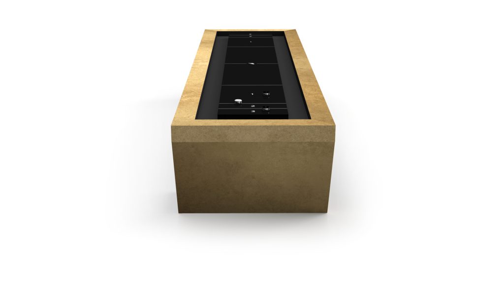 Against a plain white background, the Cabaret Shuffleboard Table exudes elegance with its minimalist luxury design: a rectangular sand-colored surface, narrow black inset, and small white objects enhancing its sophisticated appeal.