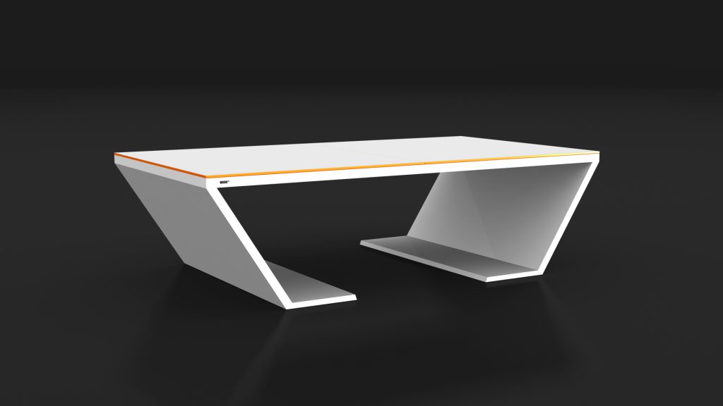 A modern, minimalist white table named Cabaret Convertible Pool / Dining / Ping Pong Table features an angular, asymmetrical design with a flat top and inward-tapering sides for a sleek, geometric look. Set against a plain dark background, it exudes a luxury cabaret vibe.