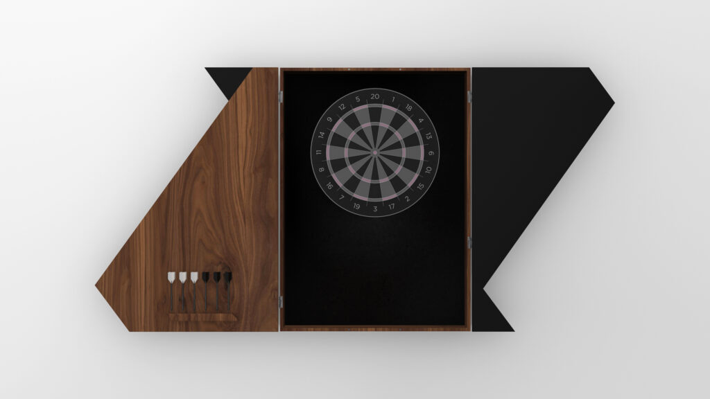 The Cardinal Dartboard is a modern luxury cabinet with a geometric design, featuring a wood left panel with darts and a sleek black right panel that opens to reveal the dartboard inside.