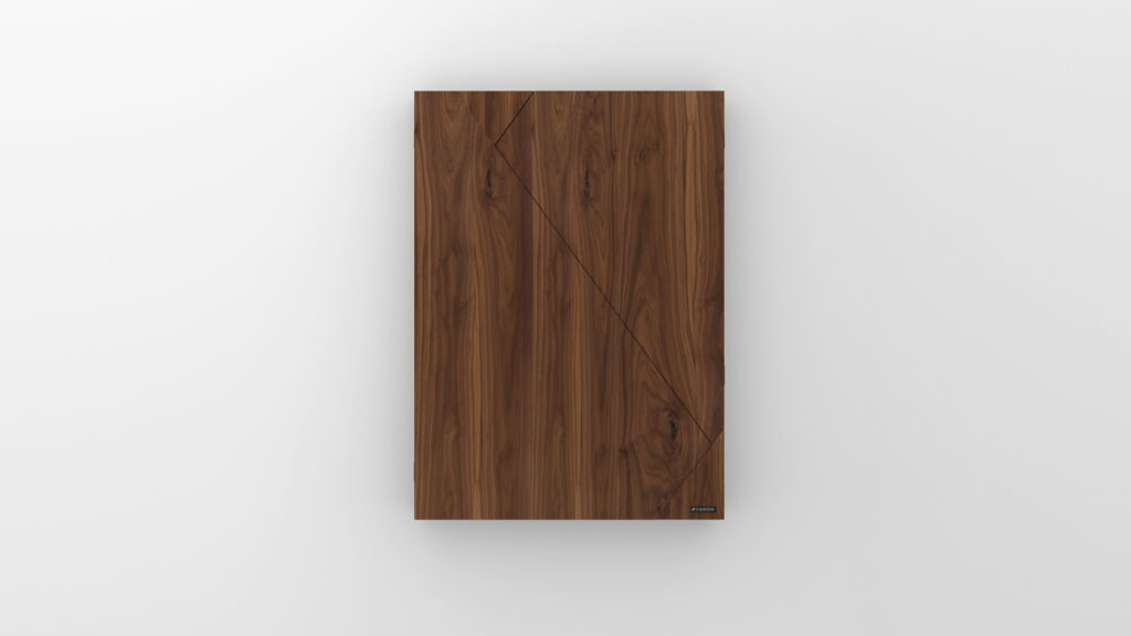 A rectangular wooden cabinet with a rich brown finish and subtle grain patterns, featuring two diagonal lines across the front panel—evoking the elegance of the Cardinal Dartboard—set against a plain white background.