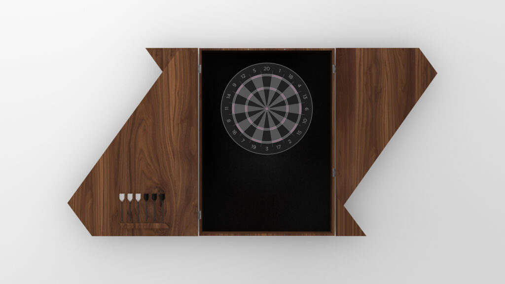 The Cardinal Dartboard is a geometric wooden cabinet with an open door showing the dartboard inside. Four darts are stored on the left side of its modern, angular design, and the cabinet is elegantly mounted on a white wall.