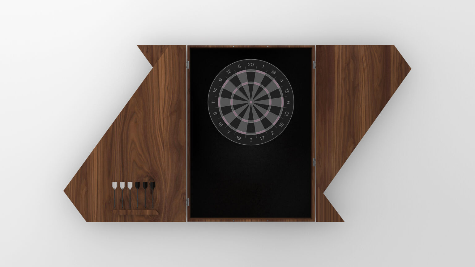 The Cardinal Dartboard is a geometric wooden cabinet with an open door showing the dartboard inside. Four darts are stored on the left side of its modern, angular design, and the cabinet is elegantly mounted on a white wall.