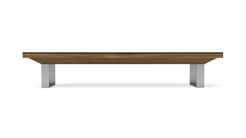 The Executive Bench showcases a luxurious appeal with its minimalist wooden top and sleek rectangular metal legs, set against a white background.