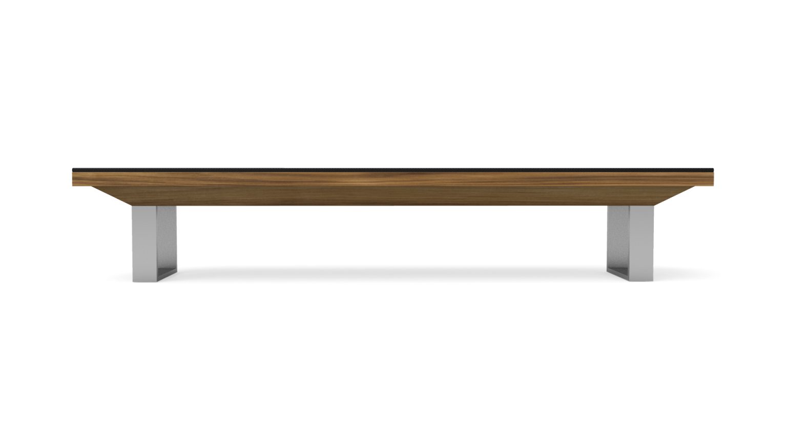 The Executive Bench showcases a luxurious appeal with its minimalist wooden top and sleek rectangular metal legs, set against a white background.