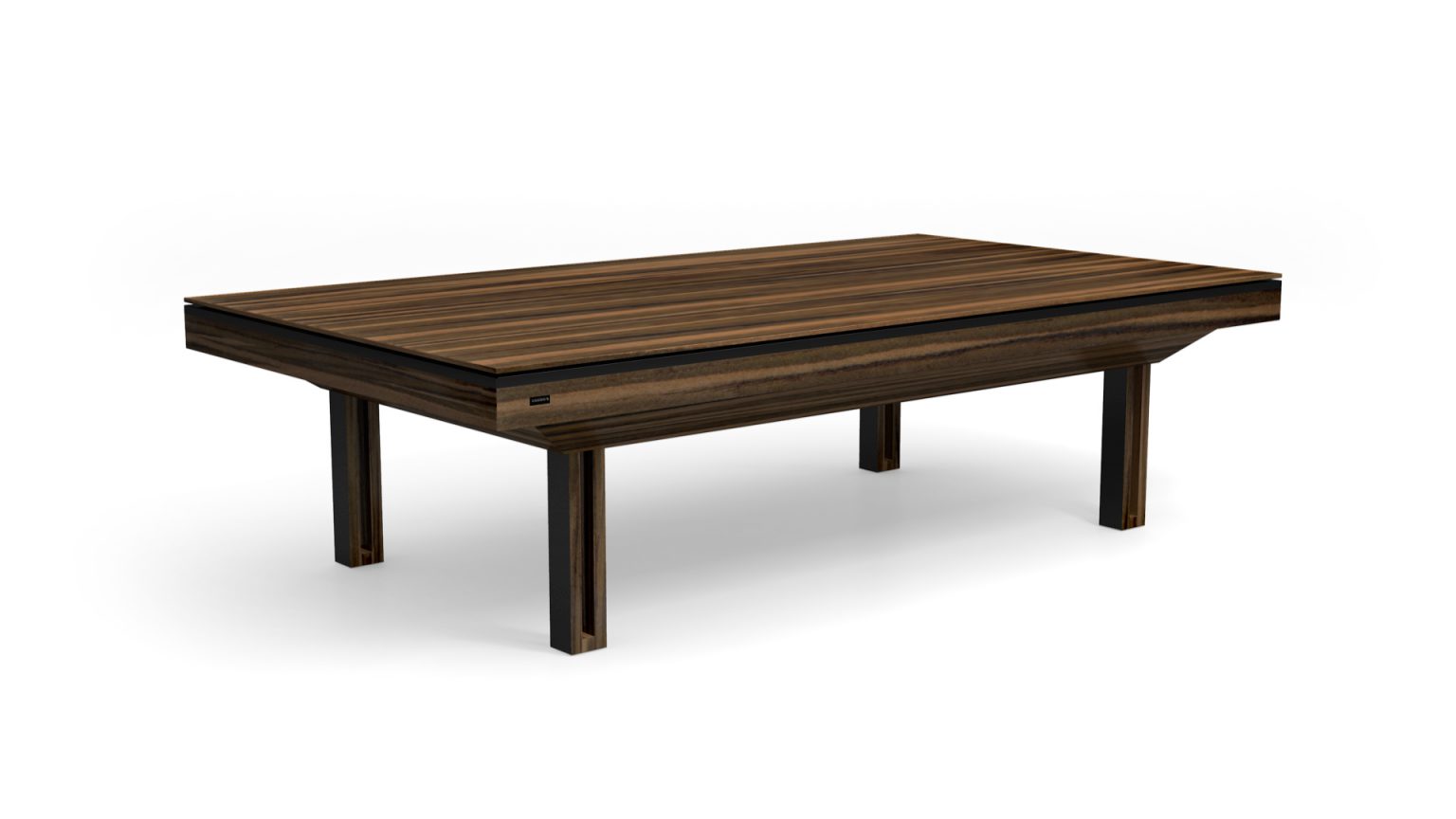 The Executive Convertible Pool / Dining / Ping Pong Table features a modern wooden design with a dark finish. Its sleek, minimalist style exudes luxury, standing on four sturdy legs and offering a smooth, rectangular surface that transforms into various tables.