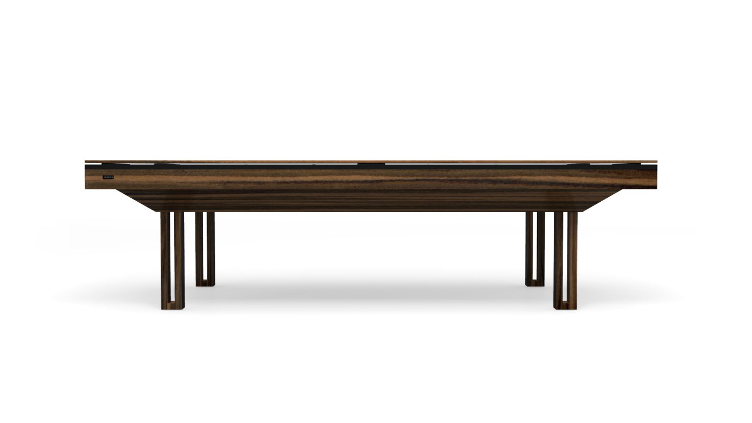 The Executive Convertible Pool / Dining / Ping Pong Table is a modern, luxury piece with a dark wood finish, sleek black pockets, and slender legs. It smoothly transforms between uses, and its minimalist design is highlighted against a plain white background.