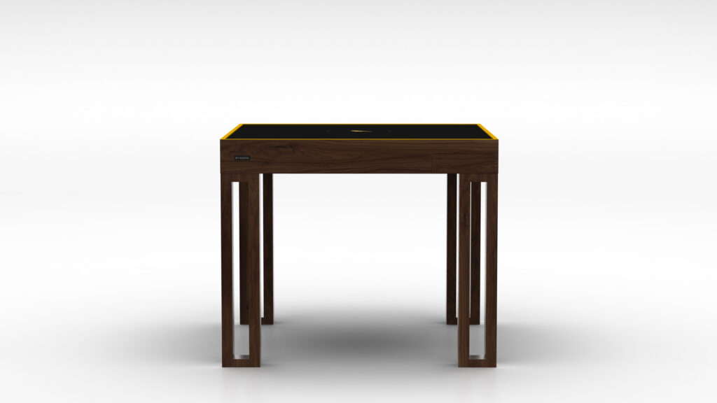 The Theseus Mahjong Table is a modern, minimalist wooden table with a black tabletop and yellow edge accents, featuring sleek legs. This luxury piece elegantly embodies the perfect fusion of style and functionality—ideal for sophisticated game settings.