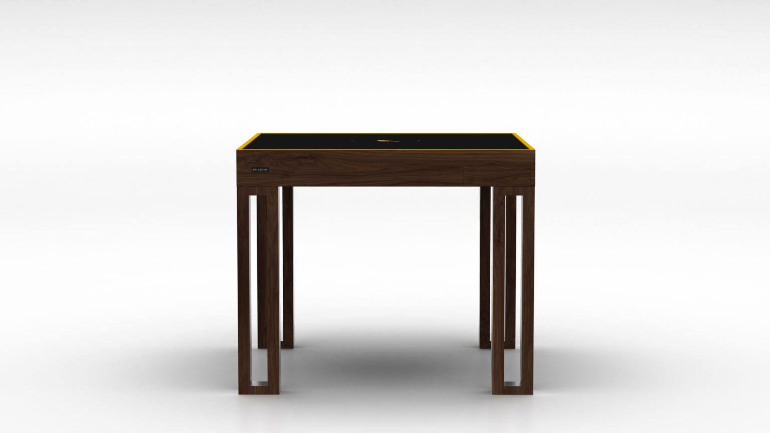The Theseus Mahjong Table is a modern, minimalist wooden table with a black tabletop and yellow edge accents, featuring sleek legs. This luxury piece elegantly embodies the perfect fusion of style and functionality—ideal for sophisticated game settings.