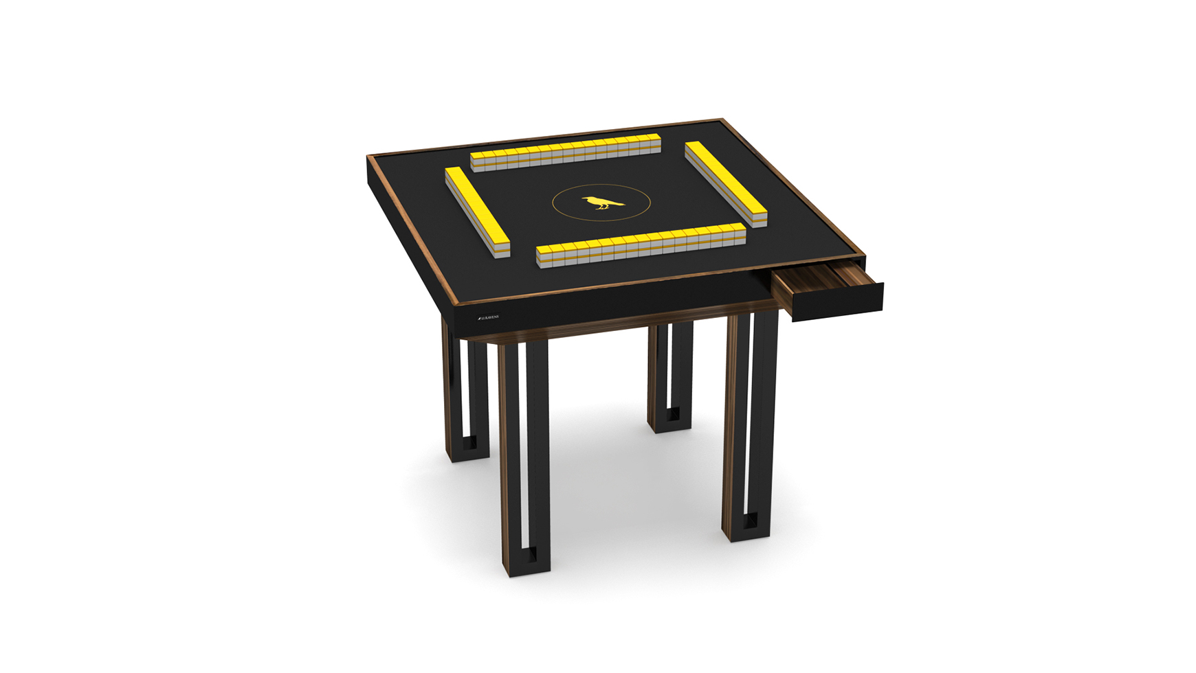 The Executive Mahjong Table features black legs, a sleek black playing surface, yellow and white tile racks, and a small side drawer. It’s displayed against a plain white background for a modern look.