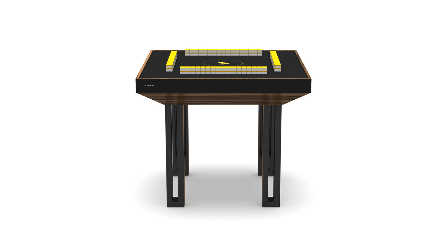 The Executive Mahjong Table features a sleek black design, four sturdy legs, and a central playing area with yellow and white tile patterns, shown against a white background.