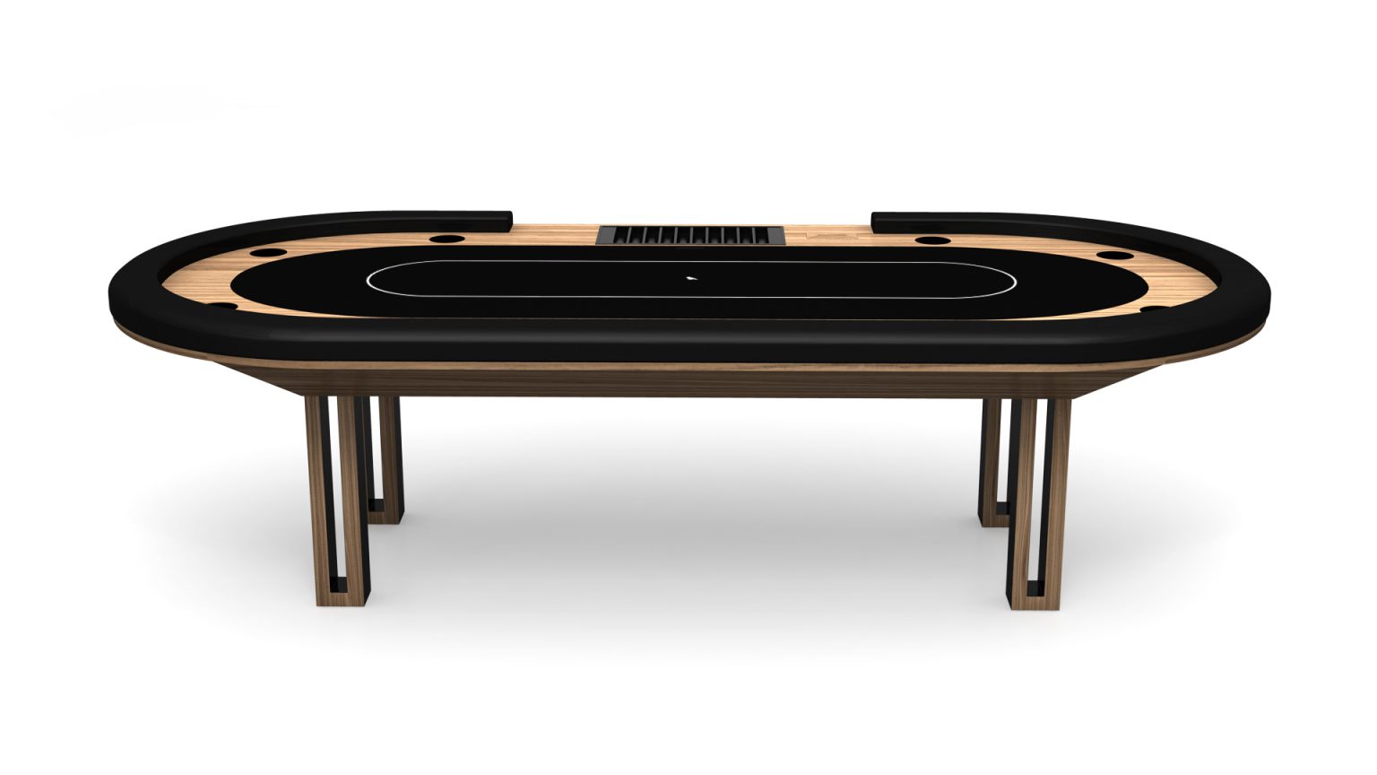 Introducing the Executive Oval Poker Table with a stylish black playing surface and wooden trim. This elegant table features a central dealer area, chip tray, card shoe, and comfortable armrests. It stands on contemporary wooden legs.