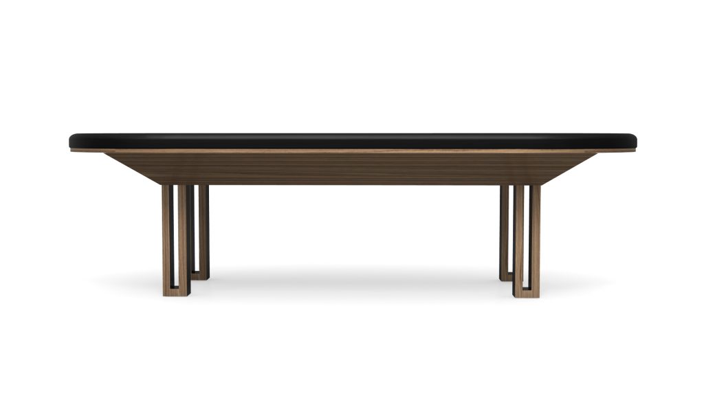 A sleek, luxury pool table with a black playing surface and wooden base featuring sturdy vertical supports, reminiscent of the Executive Oval Poker Table, stands elegantly against a plain background.