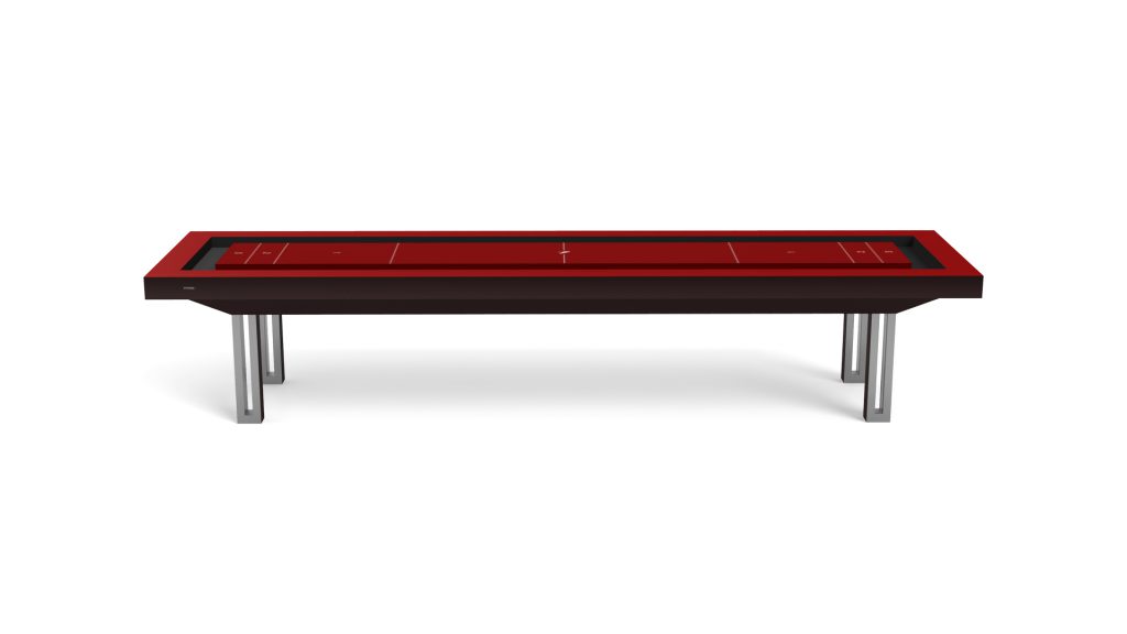 The Executive Shuffleboard Table is a luxury piece featuring a sleek design with a red finish, smooth playing surface, and sturdy metal legs, all set against a plain white background.