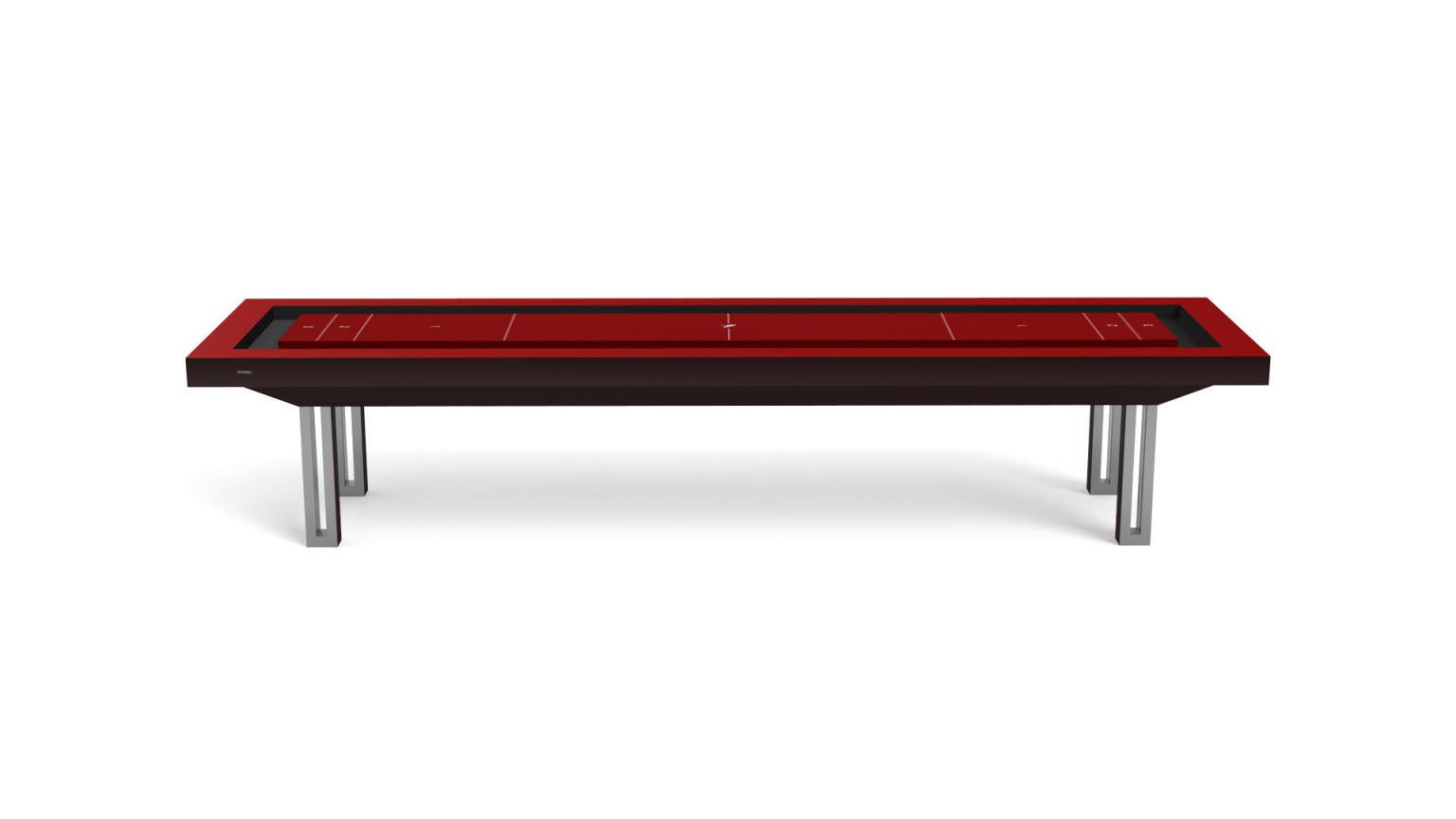 The Executive Shuffleboard Table is a luxury piece featuring a sleek design with a red finish, smooth playing surface, and sturdy metal legs, all set against a plain white background.