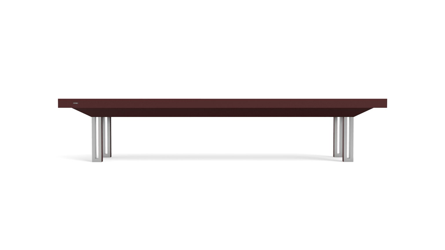 The Executive Shuffleboard Table boasts a sleek, modern design with a dark brown rectangular top and four silver cylindrical legs, resembling an upscale shuffleboard table set against a white background.