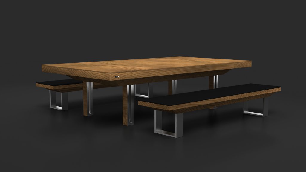 The Executive Bench set includes a luxury dining table with a wooden tabletop and metal legs, plus two executive-style benches featuring black cushions and sleek metal legs. The dark background highlights the furnitures elegant design.