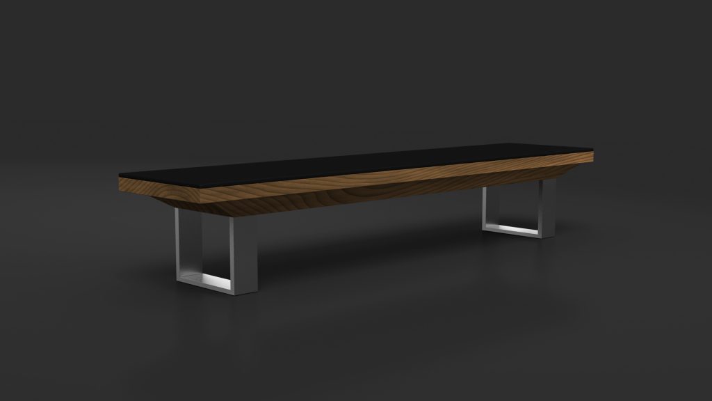 The Executive Bench features a sleek, luxurious design with a dark wooden top and sturdy metallic rectangular legs, set against a minimalist dark background.