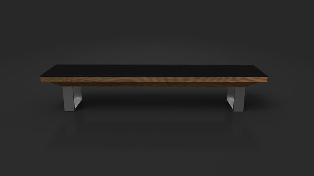 The Executive Bench is a sleek, minimalist coffee table featuring a black glass top with a wooden edge. Modern silver metal legs provide support and contrast against the dark background, emphasizing its contemporary style.