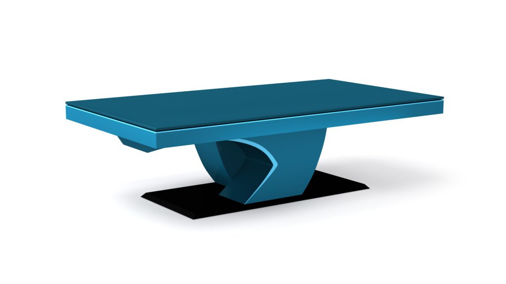The Force Convertible Pool / Dining / Ping Pong Table is a luxurious piece with a glossy blue top, an artistic curved base, and sleek black platform. It transforms elegantly between dining and ping pong table modes, making it the perfect centerpiece for any space.