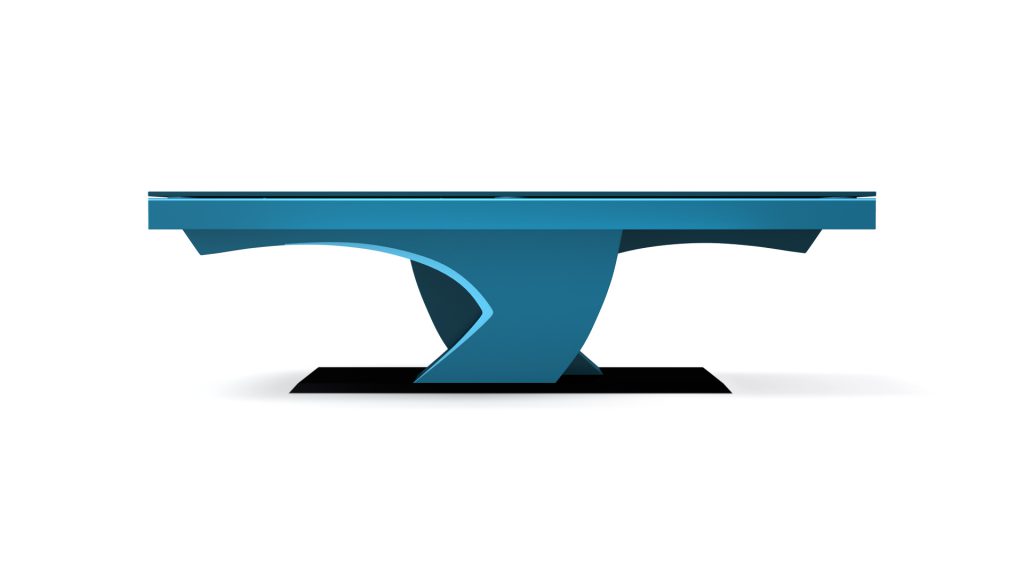 The Force Convertible Pool / Dining / Ping Pong Table is a modern, minimalist blue table with a unique geometric intertwined base on a black platform. Its sculptural shape adds an artistic touch, effortlessly transforming into a luxury convertible dining or ping pong table.