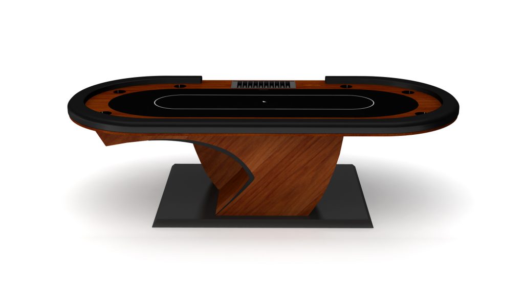 The Force Oval Poker Table features a sleek wooden design with a black tabletop, complemented by modern card play areas on an elegant white backdrop.