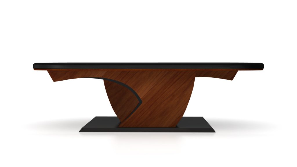 The Force Oval Poker Table, with its unique base design, offers a modern look reminiscent of luxury. It boasts a smooth black tabletop and a curved wood structure on a rectangular black platform, set against a white background for sleek artistry.
