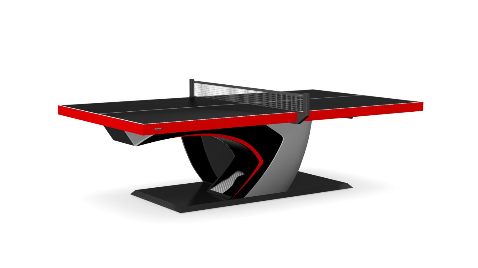 Introducing the Force Ping Pong Table, a modern masterpiece in black and red. Featuring a sleek design with a unique curved base and central net, this table elevates your game to unparalleled elegance.