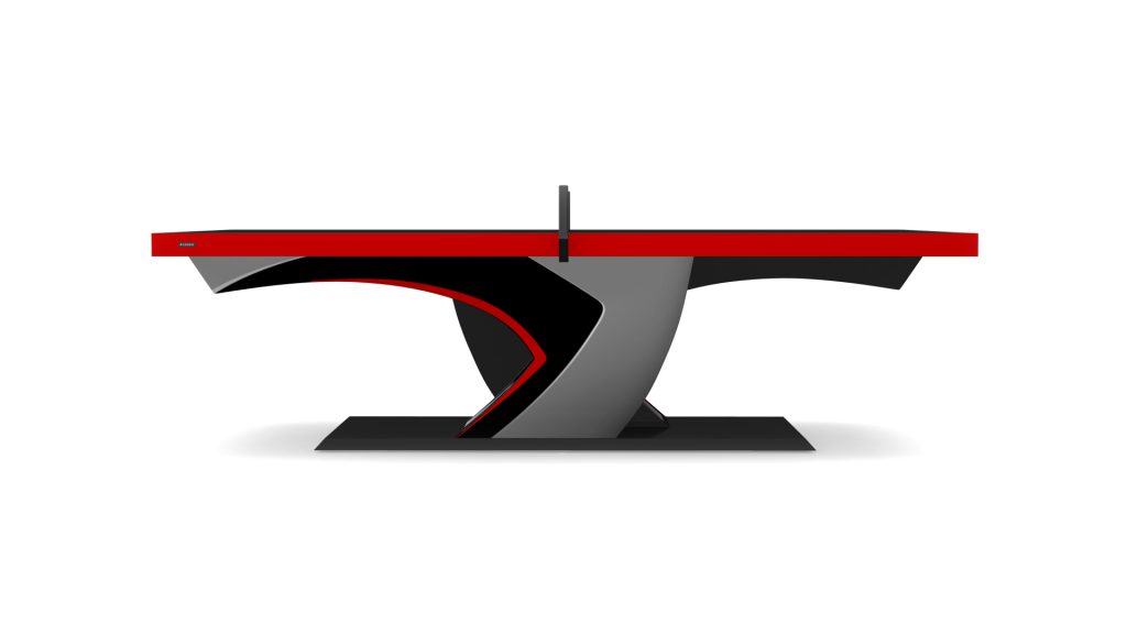 Discover the luxury of the Force Ping Pong Table with its modern aesthetic, featuring a red tabletop that captures the dynamic spirit of a ping pong arena and an abstract, curved black and gray base.