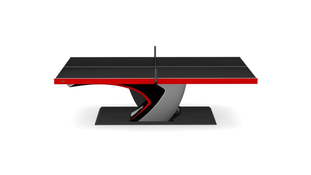 The Force Ping Pong Table offers a modern, sleek black and red design with a curved metallic base and an elegant mesh net dividing the surface.