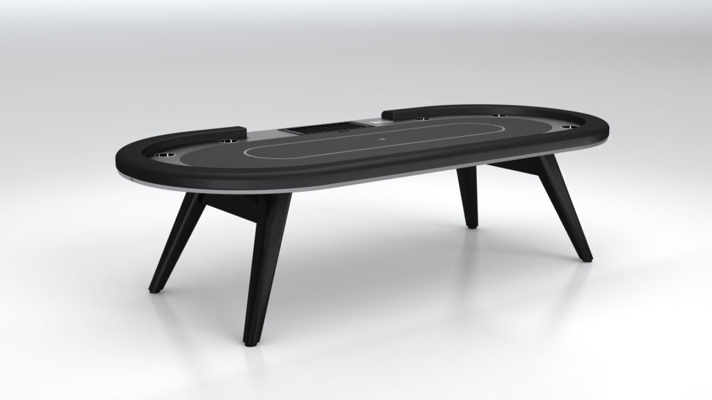 The Hamptons Oval Poker Table is a modern black table featuring angled legs, cup holders, and a central dealer area, shown on a plain light background.