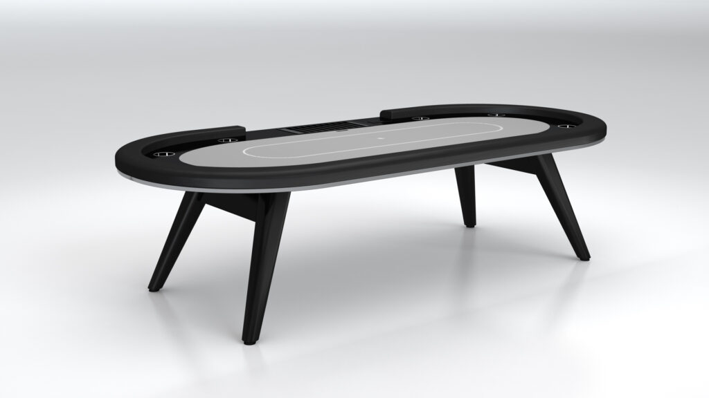 The Hamptons Oval Poker Table features a modern design with four angled legs, cup holders, and a light gray playing surface, shown on a plain white background.