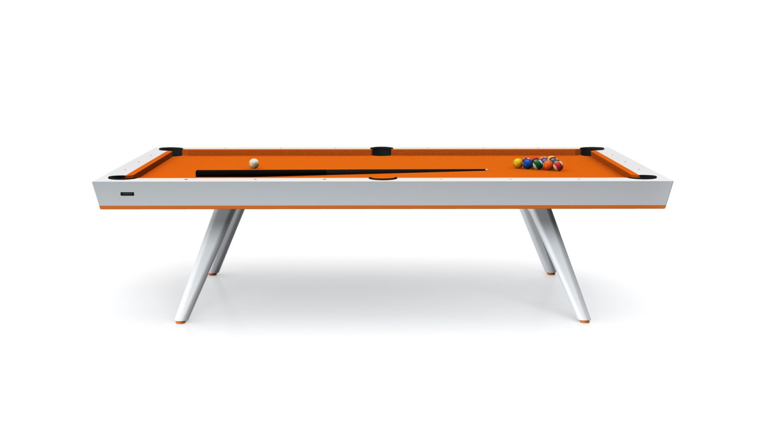 The Hamptons Pool Table, a luxury item with a sleek modern design featuring orange felt and elegant white legs, is showcased. A cue stick rests on top along with a white cue ball and a racked set of balls, ready for an engaging game.