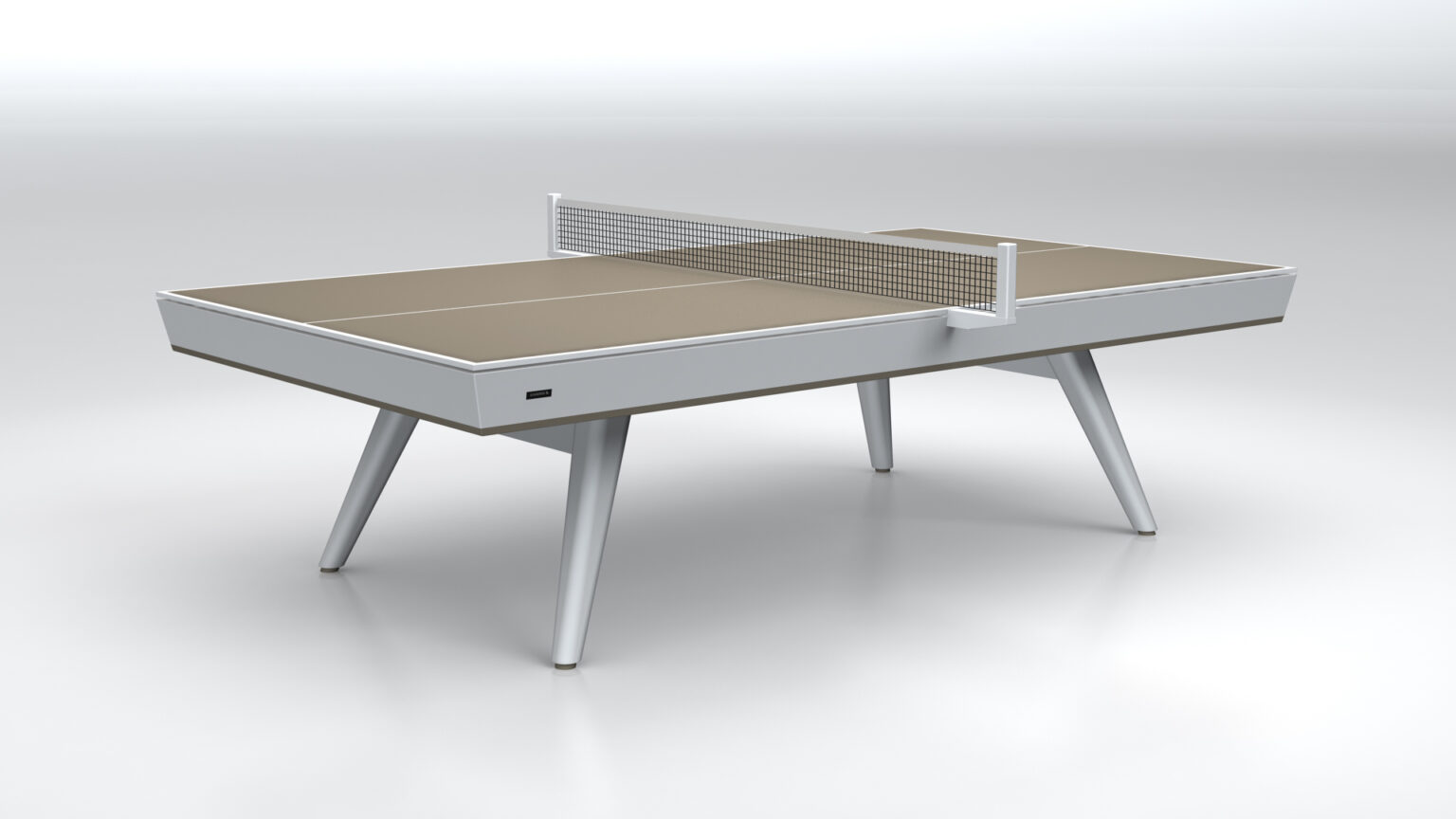 The Hamptons Convertible Pool/Dining/Ping Pong Table exudes modern luxury with its sleek beige tabletop, elegant white net, and angled white legs, perfectly placed in a well-lit room with a neutral background.