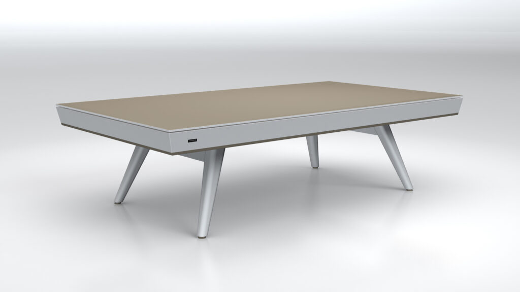 The Hamptons Convertible Pool / Dining / Ping Pong Table features a modern, minimalist design with a beige rectangular top and sleek metal legs, exuding luxurious elegance on a white background.