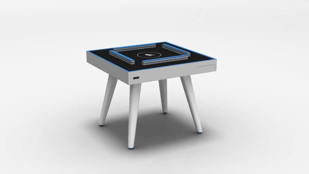 The Theseus Mahjong Table is a sleek, modern luxury game table featuring a black and blue tabletop design with four angled white legs. Its square top has LED light accents along the edges, creating a minimalist and futuristic look perfect for any contemporary space.