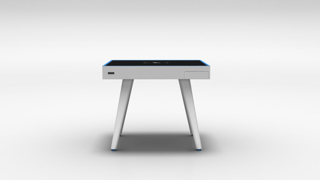 The Theseus Mahjong Table is a modern, white luxury table with a sleek, minimalist design and four slim legs. It features a central wireless charging pad marked by a circular symbol, perfect for elevating game areas against its neutral light gray backdrop.