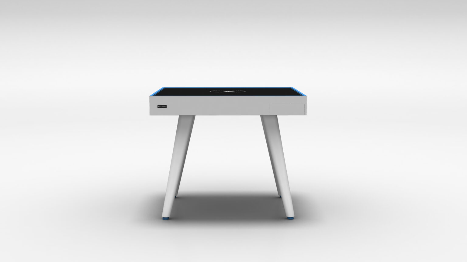 The Theseus Mahjong Table is a modern, white luxury table with a sleek, minimalist design and four slim legs. It features a central wireless charging pad marked by a circular symbol, perfect for elevating game areas against its neutral light gray backdrop.